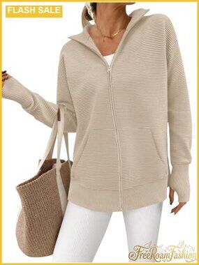 PRETTYGARDEN Womens Zip Up Ribbed Cardigan Sweater Thumb Holes